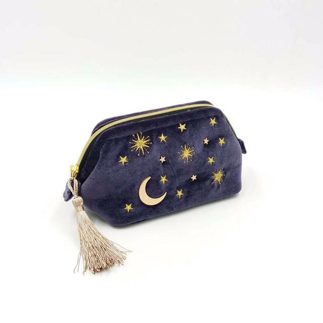 Moon-Print Velvet Pouch - Blue