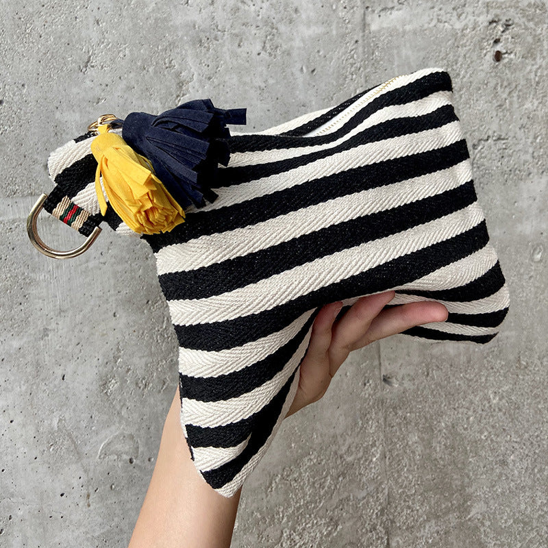 Striped Tassel Zip Pouch - Black