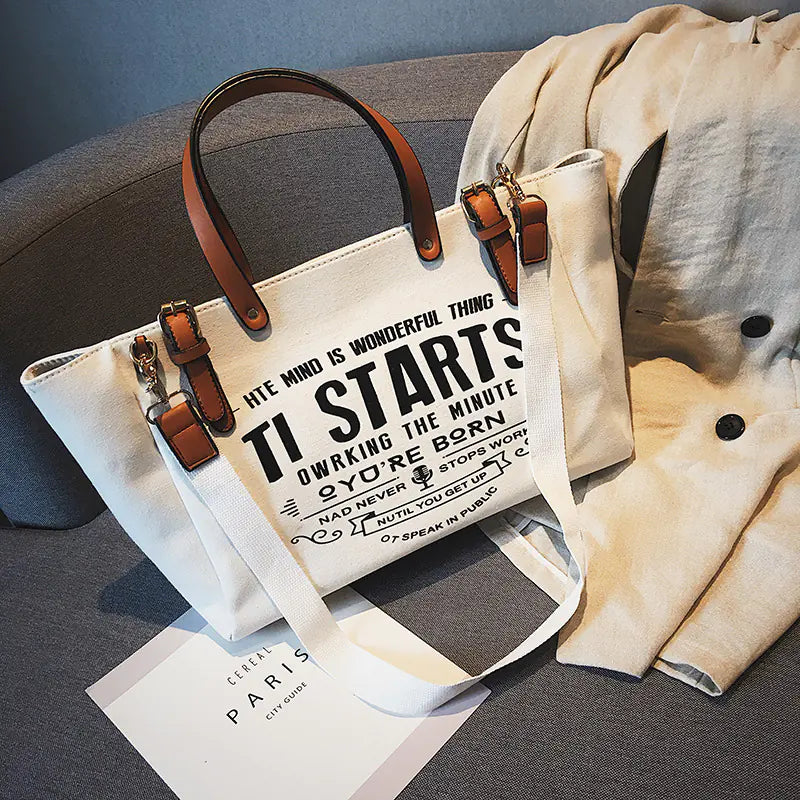 Canvas Messenger Tote Bag with Letter Design