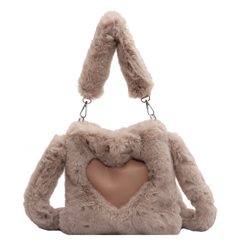 Plush Heart Shoulder Bag - Khaki