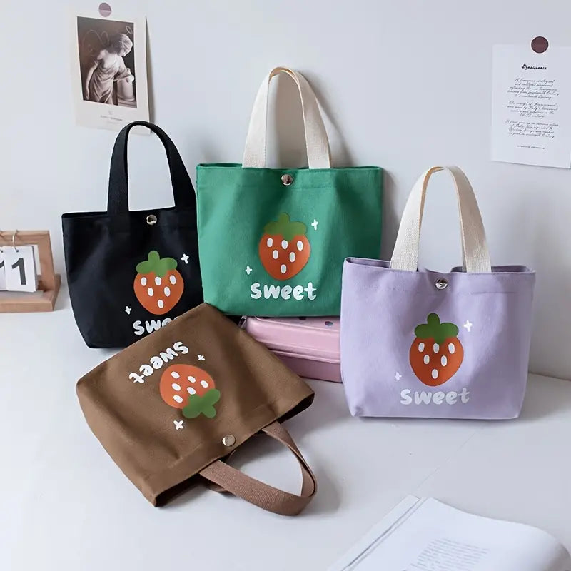 Trendy Cartoon Strawberry Canvas Handbag & Lunch Bag - back view