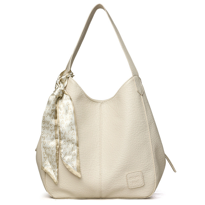 Scarf-Trim Shoulder Tote - Beige