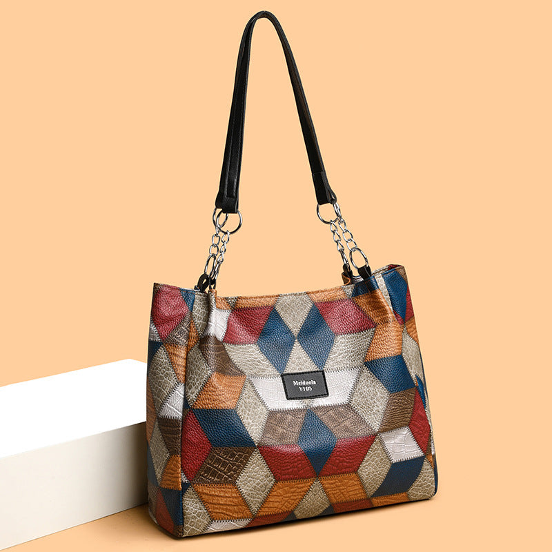 Retro Geometric Pattern Color-matching Shoulder Bag Fashion Large Capa
