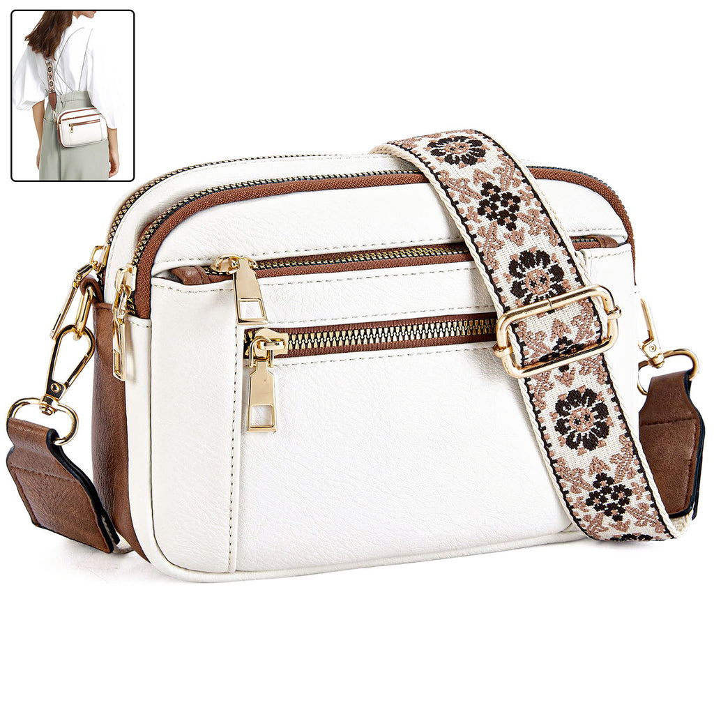 Triple-zipper Shoulder Bag With Floral Embroidered Straps Fashion Colo