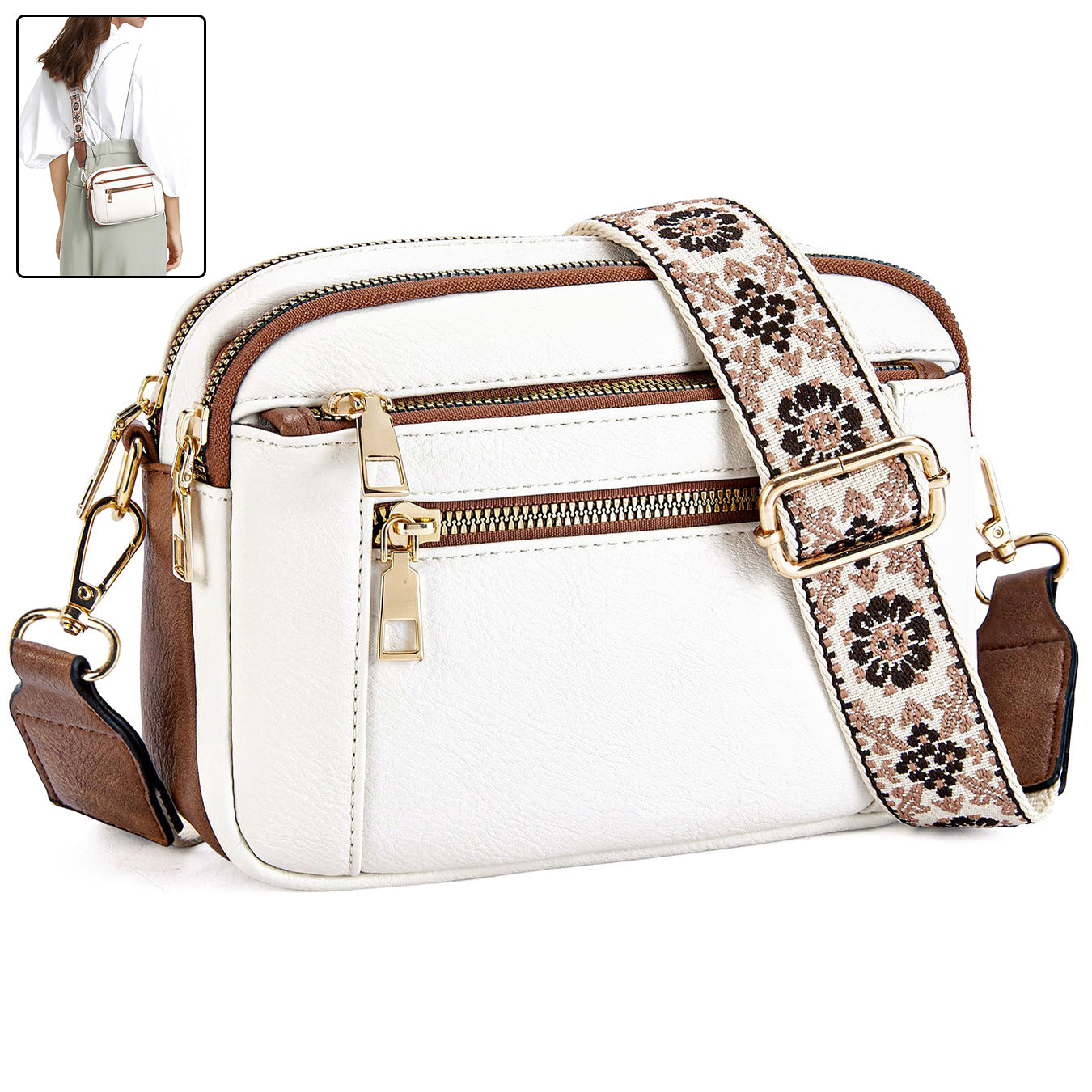 Triple-zipper Shoulder Bag With Floral Embroidered Straps Fashion Colo
