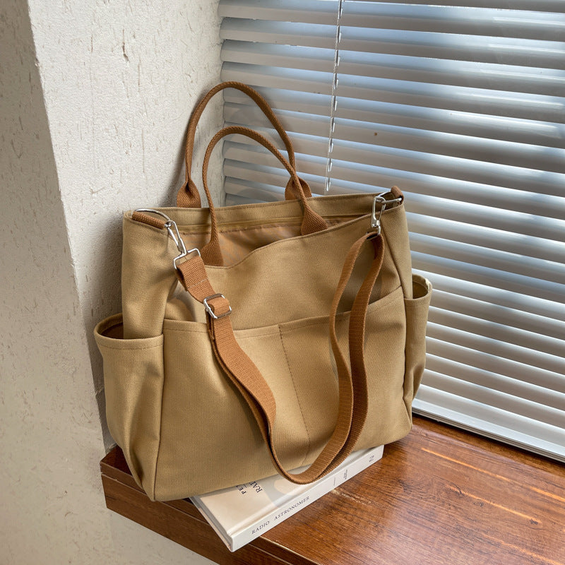 Multi-Pocket Canvas Carry Tote - Khaki