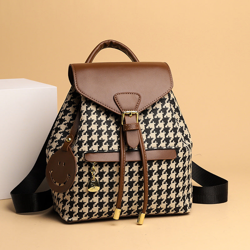 Houndstooth Flap Backpack - Khaki