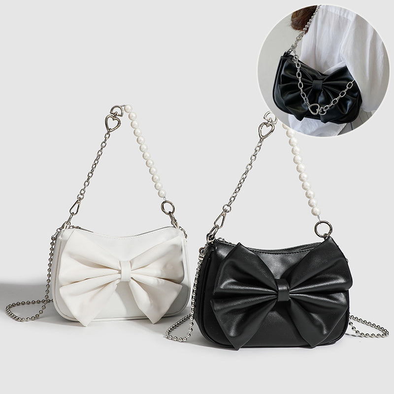 Black White PU Bow Handbags Autumn Winter Ladies Underarm Tote Bags Fa
