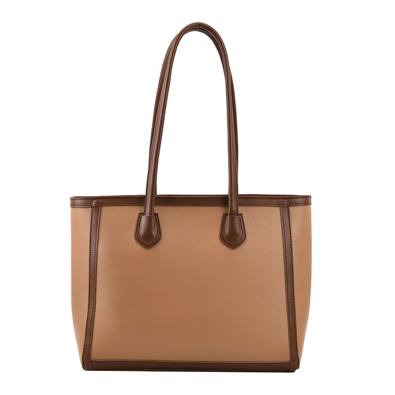 Contrast-Seam Shoulder Tote - Khaki