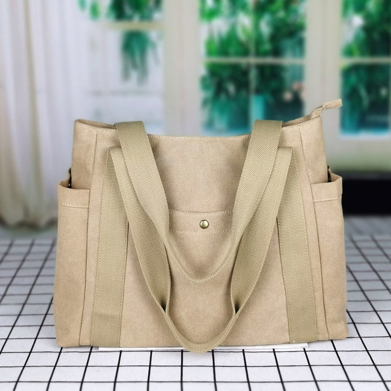 Side-Pocket Canvas Tote - Khaki