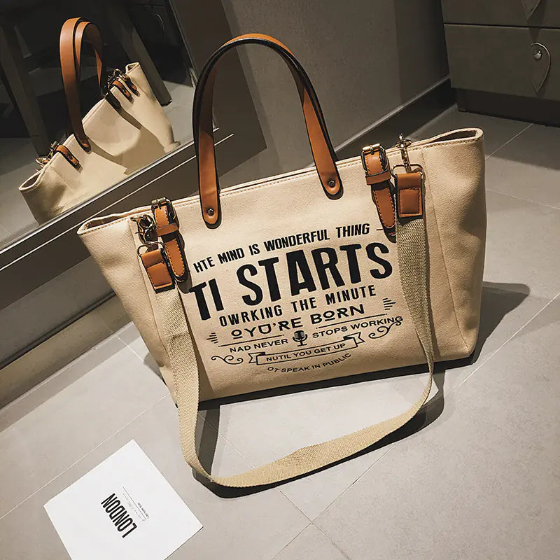 Canvas Messenger Tote Bag with Letter Design