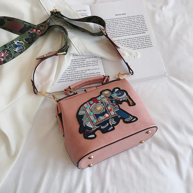 Vintage Embroidered Elephant Tote Bag with Wide Strap