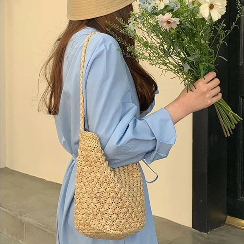 Straw Bucket Crossbody Bag