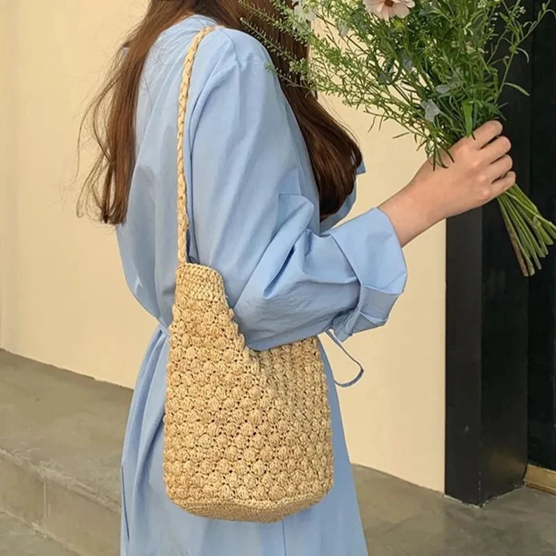 Straw Bucket Crossbody Bag