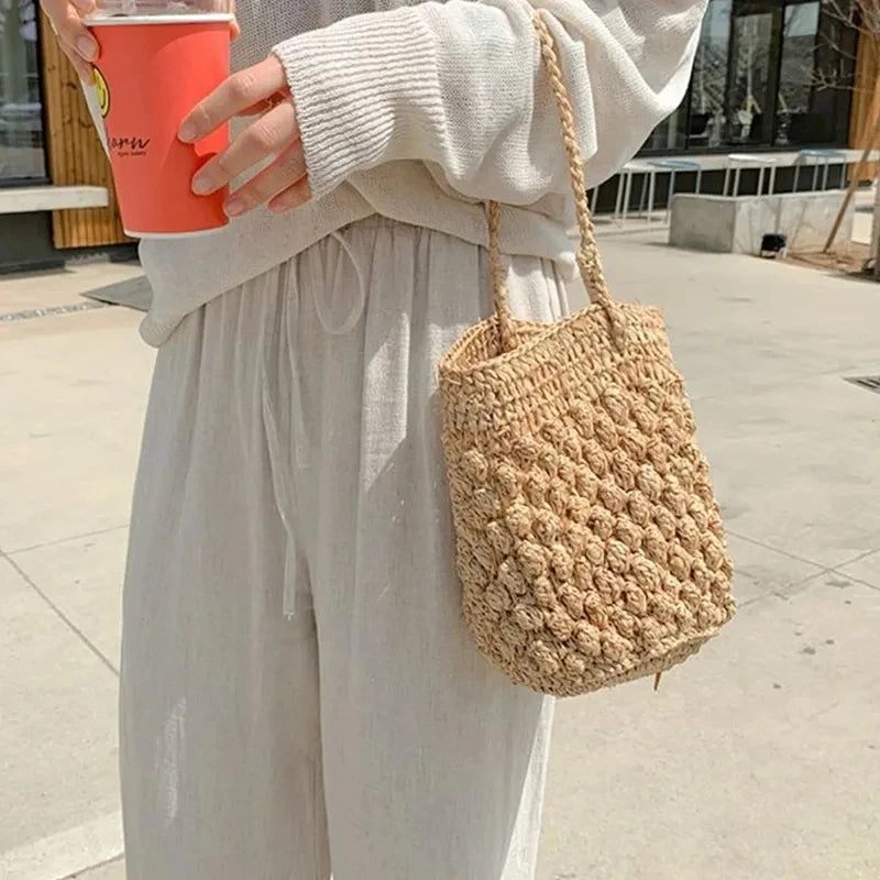 Straw Bucket Crossbody Bag