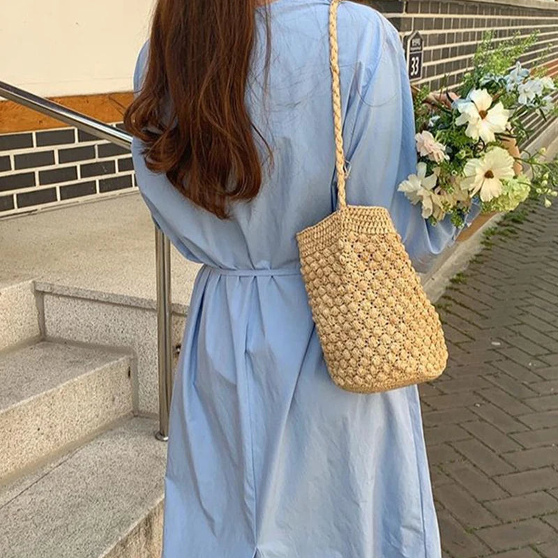 Straw Bucket Crossbody Bag