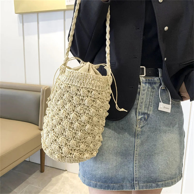 Straw Bucket Crossbody Bag