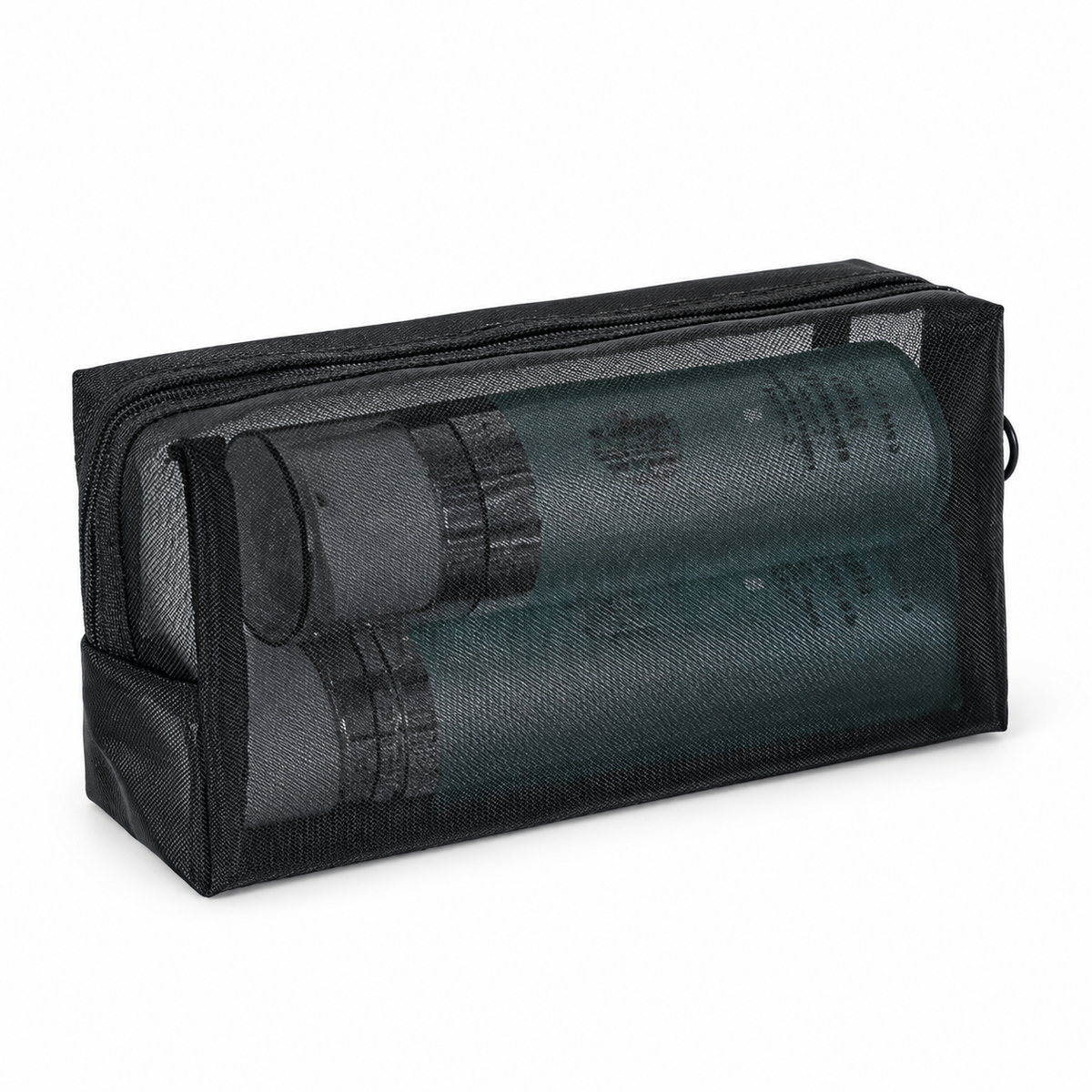 Black mesh zip pouch on a white background. Toiletry contents are styling props and are not included.