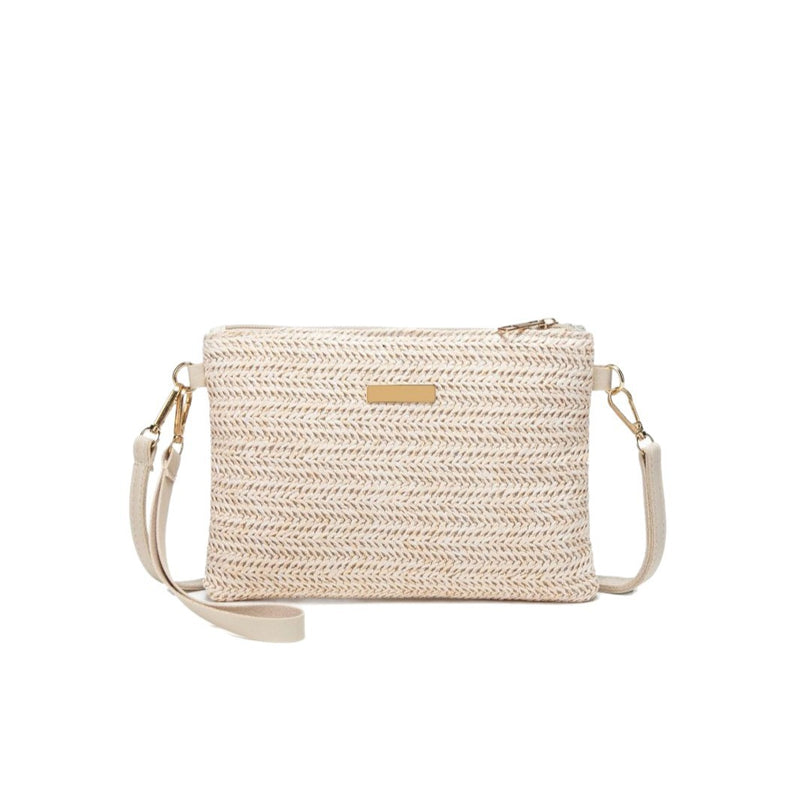 Beige woven phone crossbody bag with a light shoulder strap, front view on a white background.