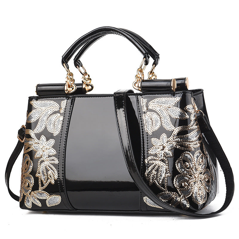 Embroidered Top-Handle Bag - Black