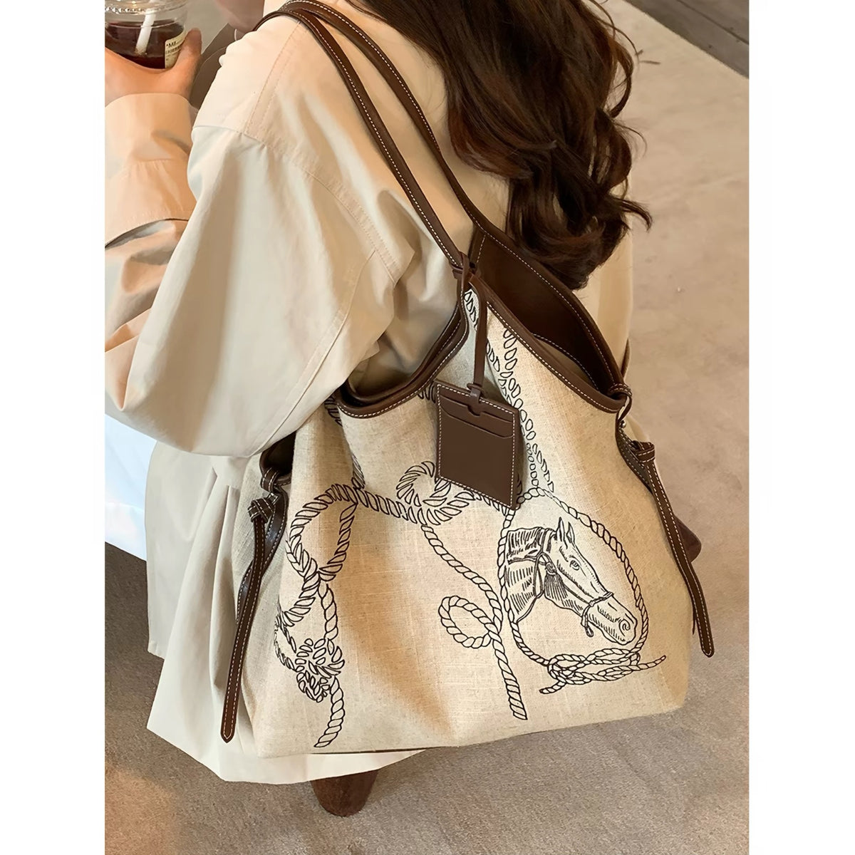 Equestrian-Print Canvas Tote - Beige