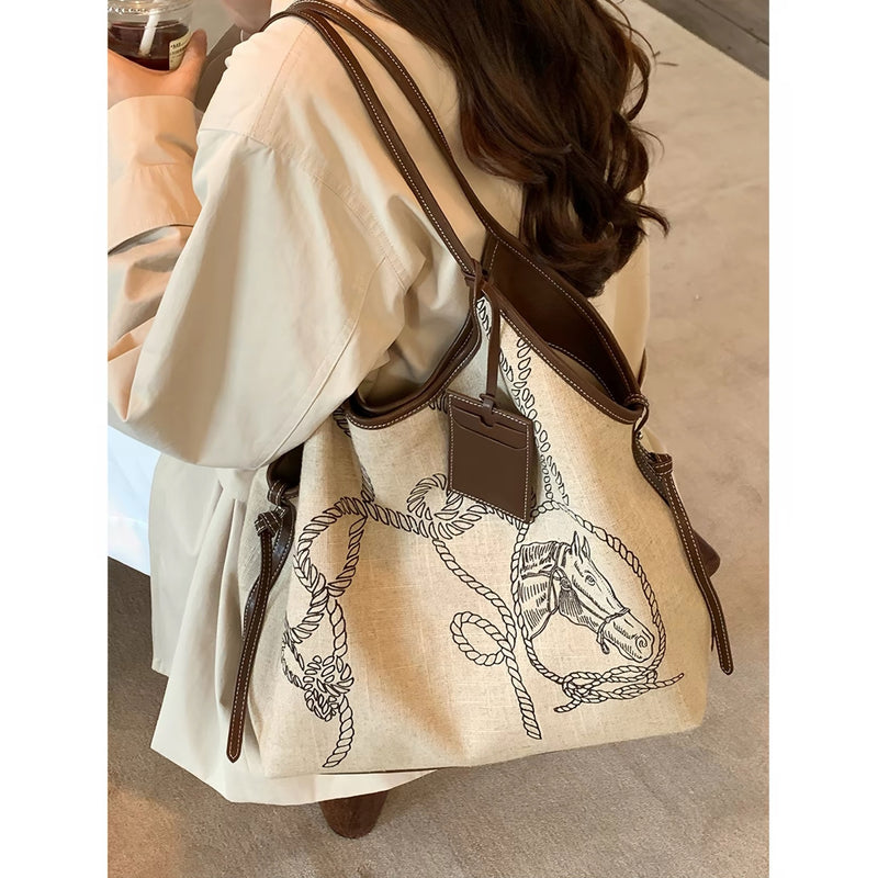 Equestrian-Print Canvas Tote - Beige