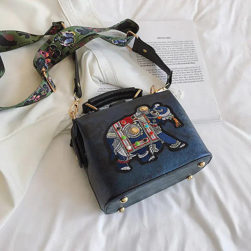 Vintage Embroidered Elephant Tote Bag with Wide Strap - close-up detail