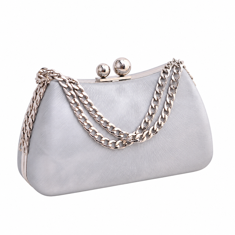 Silver frame clutch with silver chain and two round kiss-lock knobs on a white background.