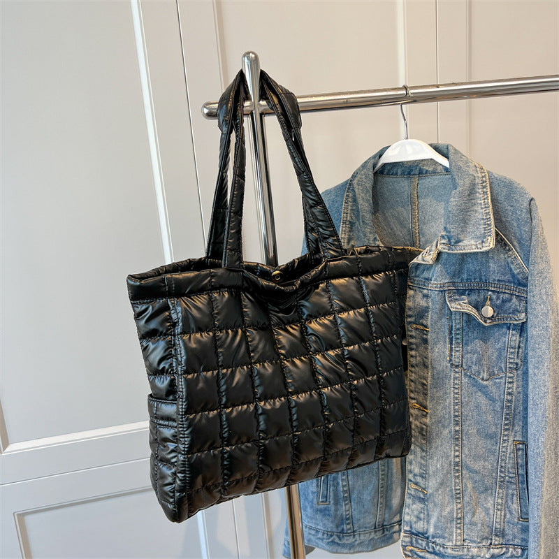 Quilted Nylon Tote in black, hanging view