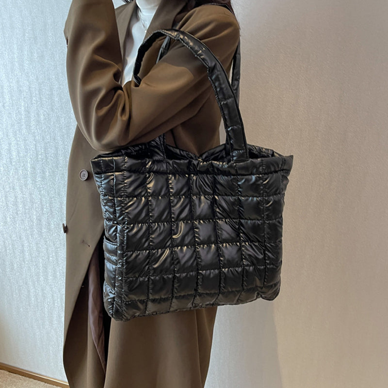 Quilted Nylon Tote in black, shoulder carry view
