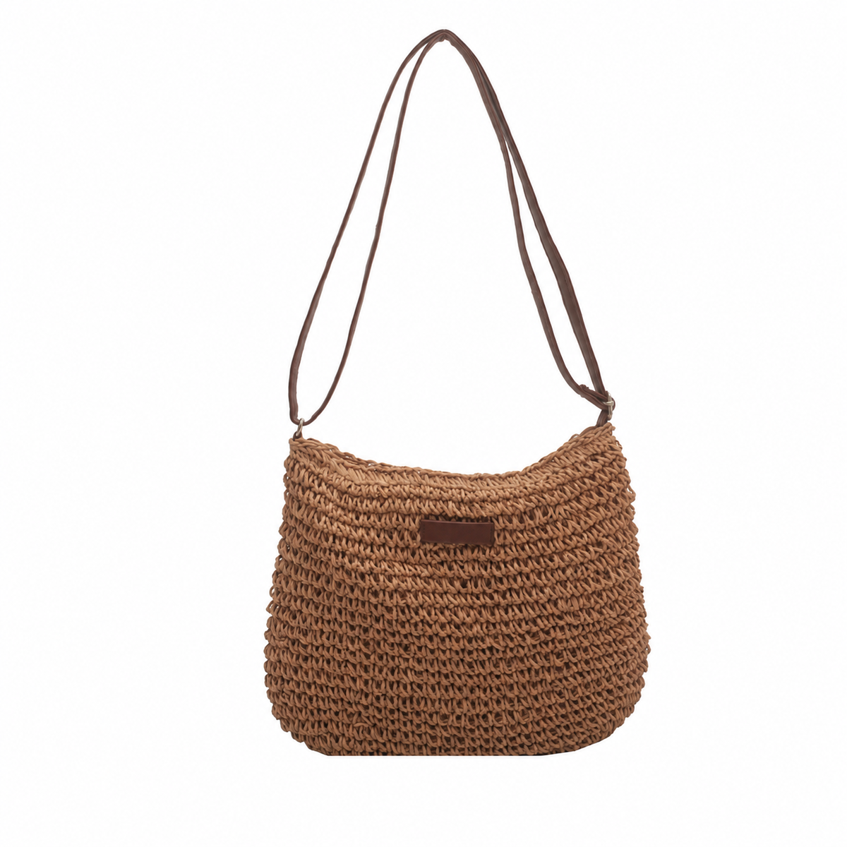 Khaki woven shoulder bag with brown straps on a white background.