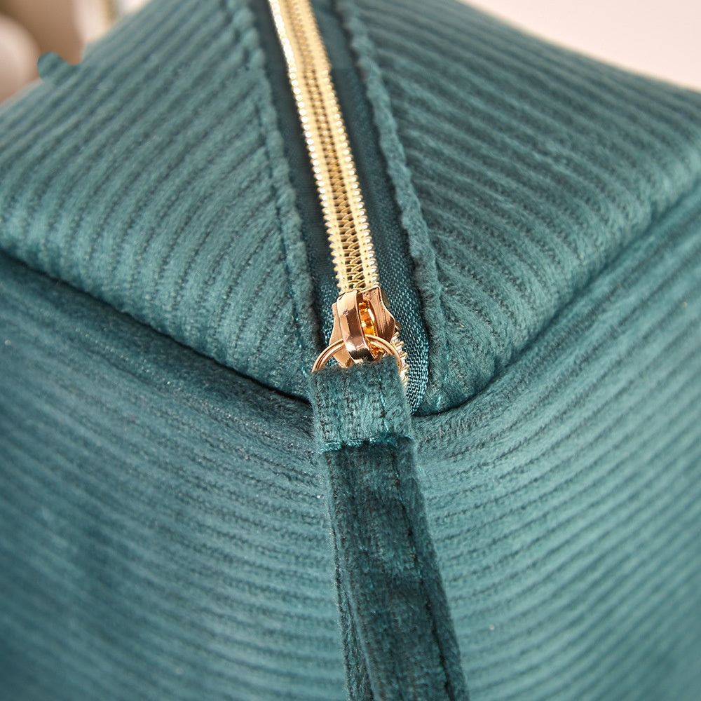 Corduroy Box Pouch in green, zipper and fabric detail