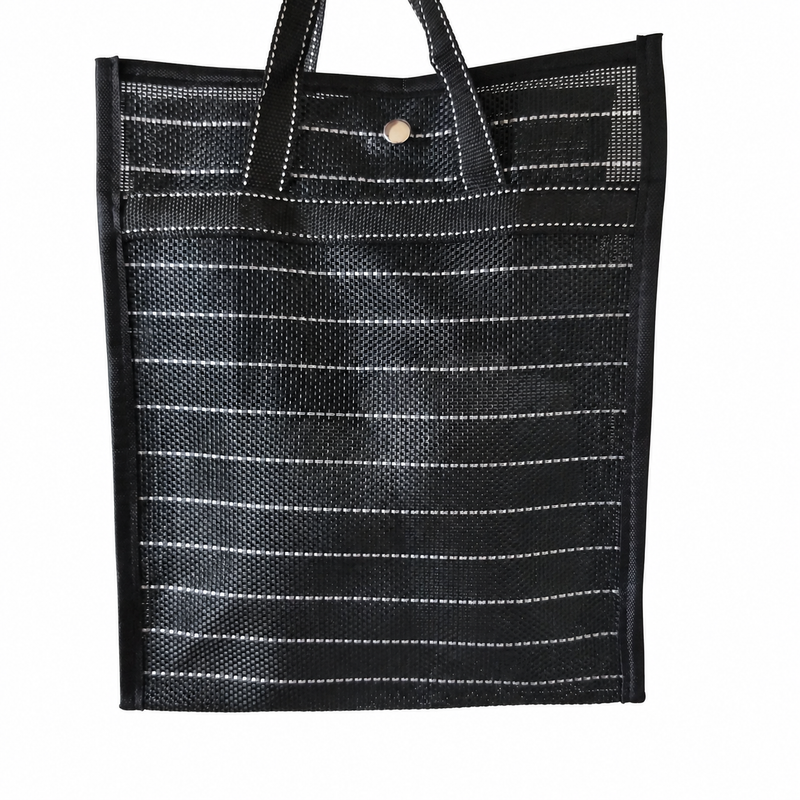 Black mesh carry pouch with white grid stripes, stitched handles and round snap on a white background.