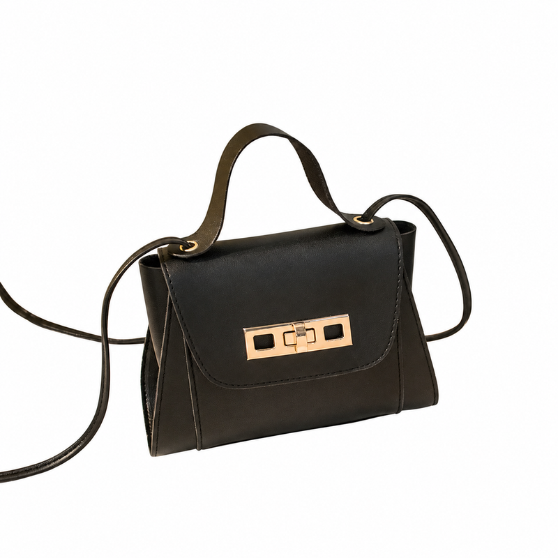 Black mini top-handle bag with thin shoulder strap and gold-tone rectangular turn-lock clasp on a white background.