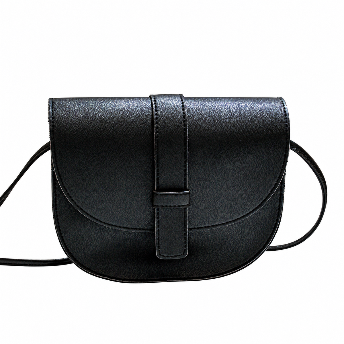 Black saddle crossbody bag with rounded flap, central strap and narrow shoulder strap on a white background.