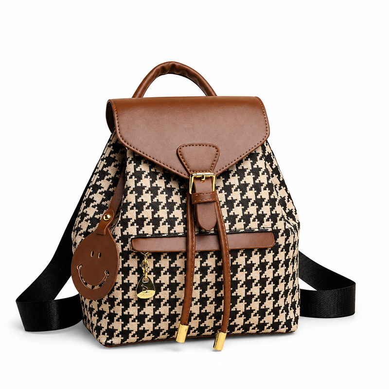 Houndstooth Flap Backpack - Khaki