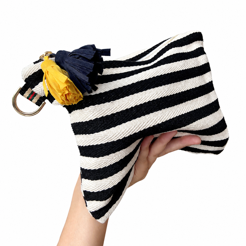 Striped Tassel Zip Pouch - Black