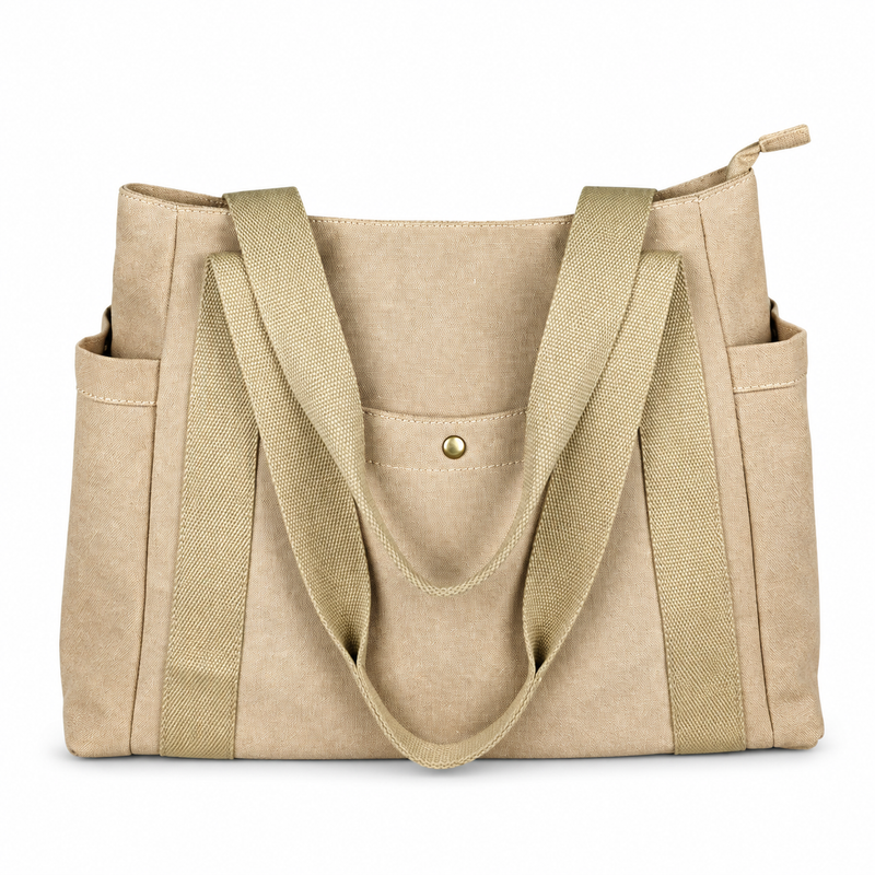 Side-Pocket Canvas Tote - Khaki